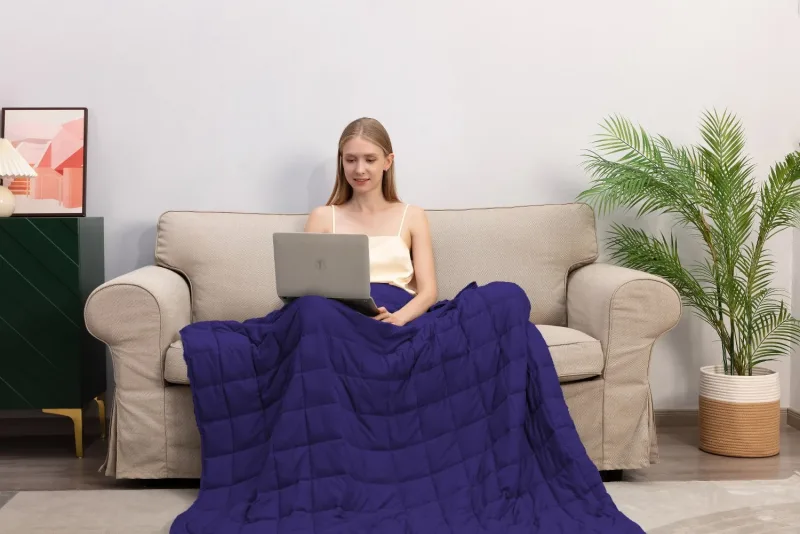 Queen Size Weighted Blanket - Cool Bamboo Navy Blue Heavy Comforter for Better Sleep
